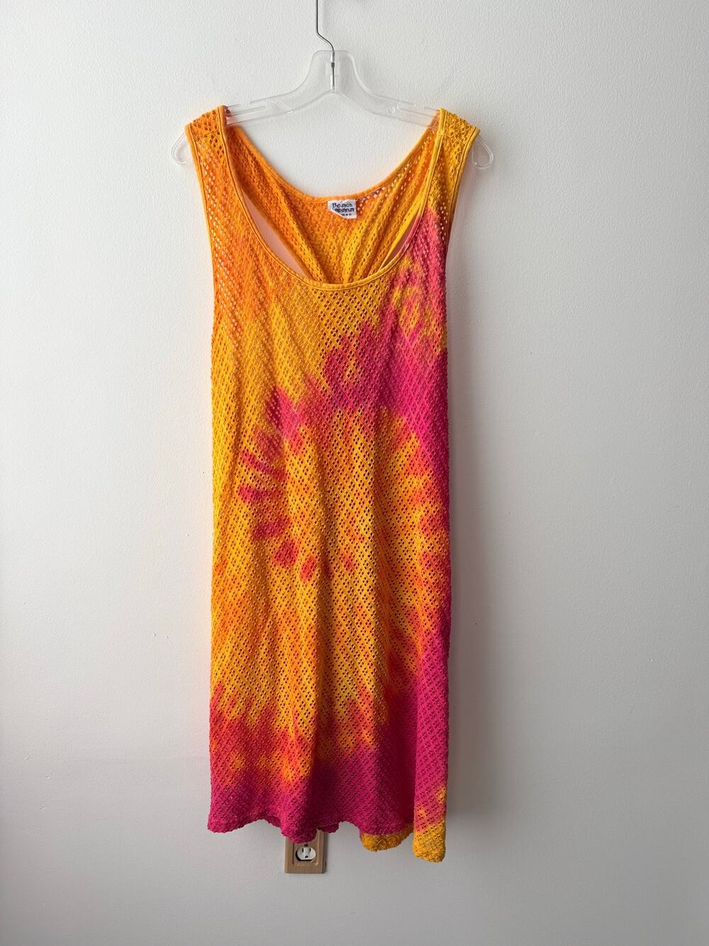 Vtg Beach Cabana Tie Dye Mesh Midi Tank Dress Coverup Vibrant Bold Pink Ombre 2X